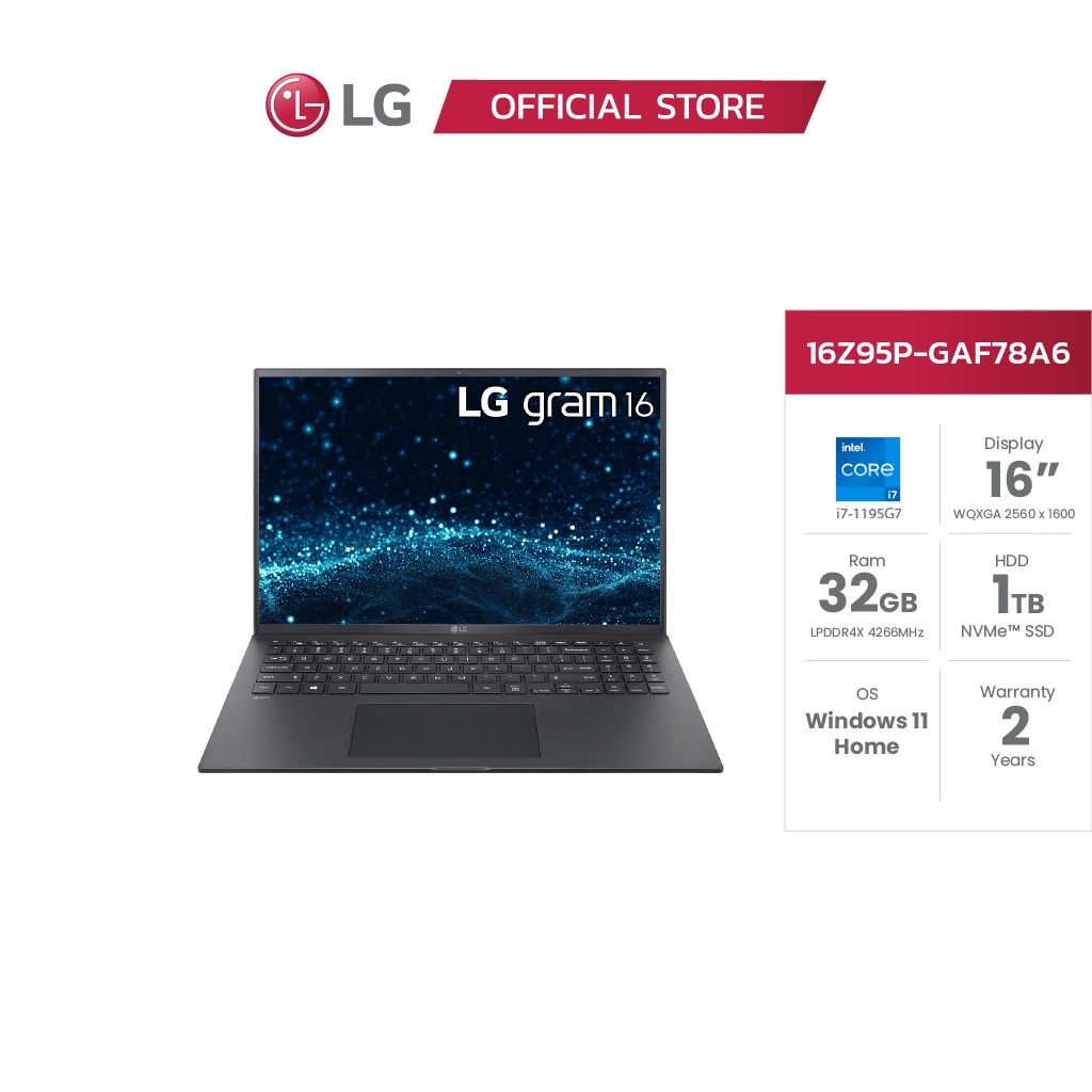 LG Notebook (โน๊ตบุ๊ค) gram 16” Ultra-Lightweight and Slim Laptop / Intel® Core™ i7-1195G7 /32GB /1TB /Windows 11 Home